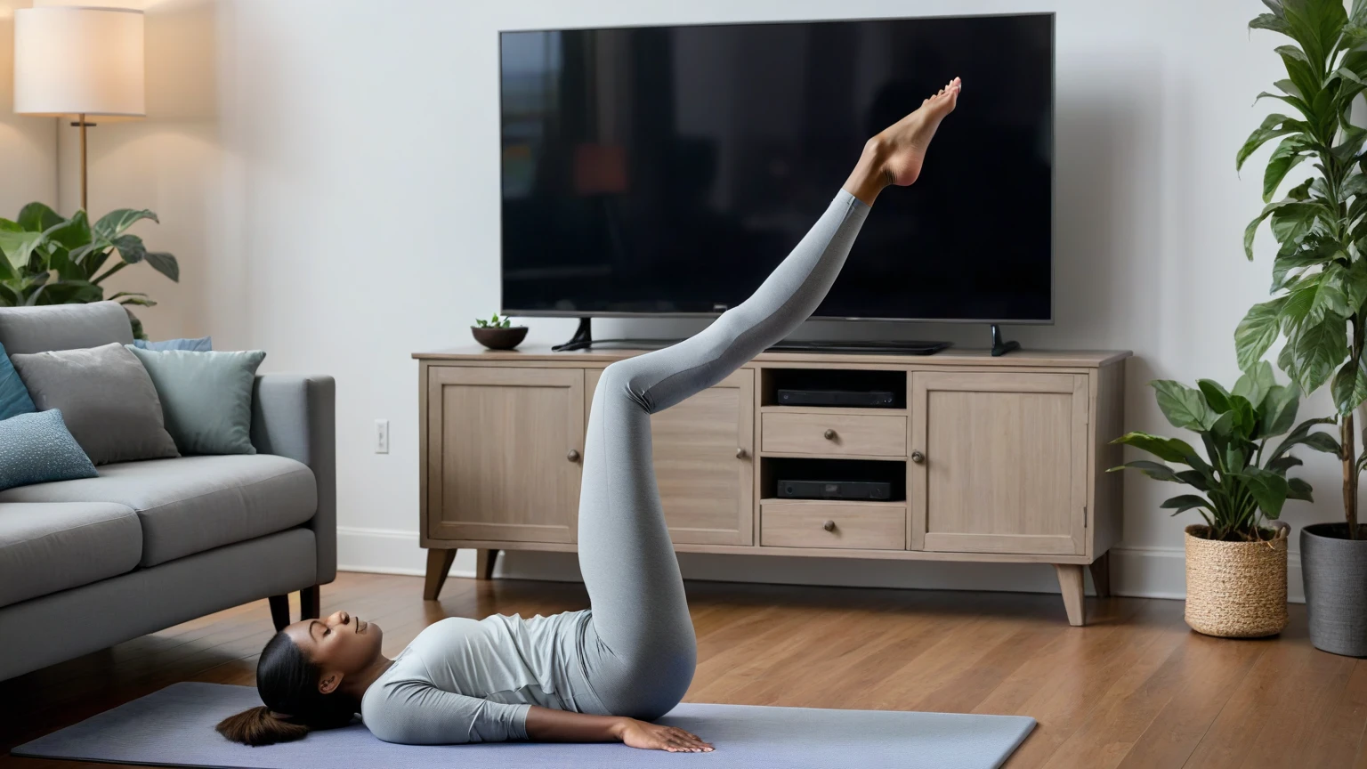 handsome female short hair ,living room, doing yoga
