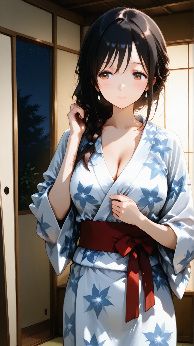 Masterpiece,Highest quality,8k,Ultra-high resolution,appropriate margins,Perfect hands,Perfect Fingers,Perfect human body,Perfect Eyes,((Cowboy Shot)),BREAK,Bright expression,(1 person),(The most beautiful woman),Slim body,((The most extraordinary breasts)),Big cleavage,Moisturized Skin,Fair skin,BREAK,((Light purple hair)),Side part,Long Hair,BREAK,Thin eyebrows,BREAK,Black eyes,BREAK,(yukata),(Wearing a sash),BREAK,Make eye contact with your audience,He opened his mouth and grinned widely.,festival
