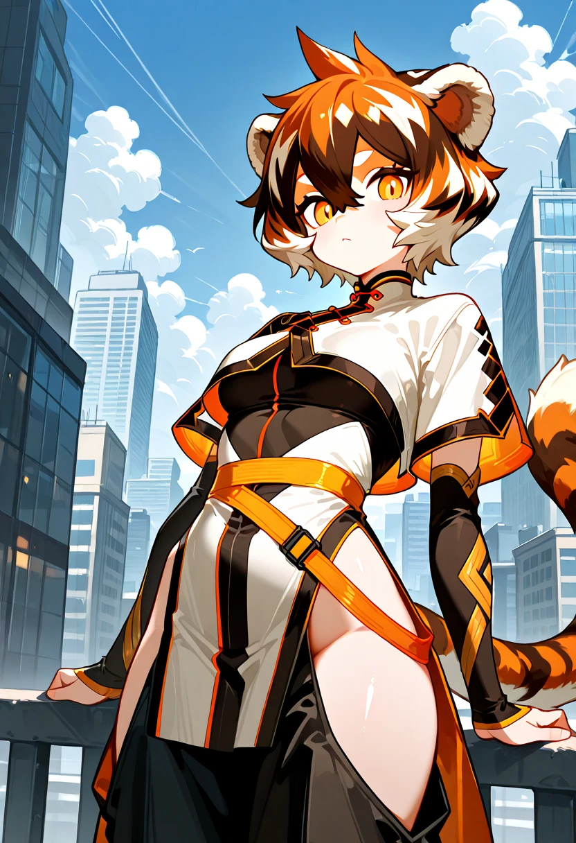 masterpiece, best quality, solo, (detailed eyes:0.9), (detailed lighting, depth of field:0.9), 
white capelet, thighhighs, armwear, pelvic curtain, round glasses, tiger stripes, 
 crossed legs, 
bus stop, 
fisheye, 
dusk, 
profile, 
:3,
 <lora:Waai_fu_Gen5-1-000014:0.6>