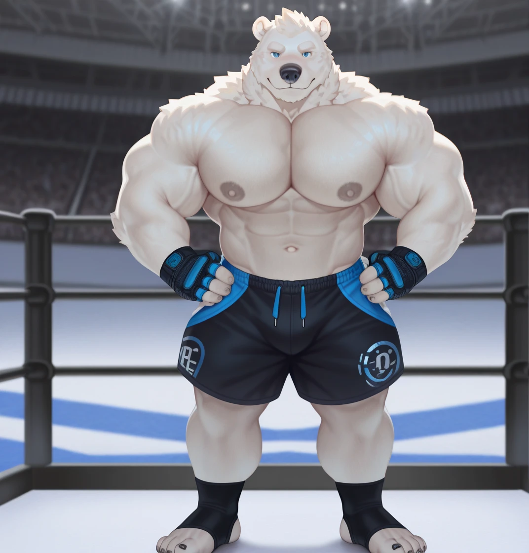 solo, 1boy, Huge wider thick Muscular Old Grizzly Bear wearing glasses , pectoral, huge pectoral, wide pectoral, short white hair, short pants, black wristbands, watch and shirtless and topless, bearded, Mustache, olympic stadium background, masterpiece, high detailed, 8k, high resolution, running all over the tracks, training, exercising