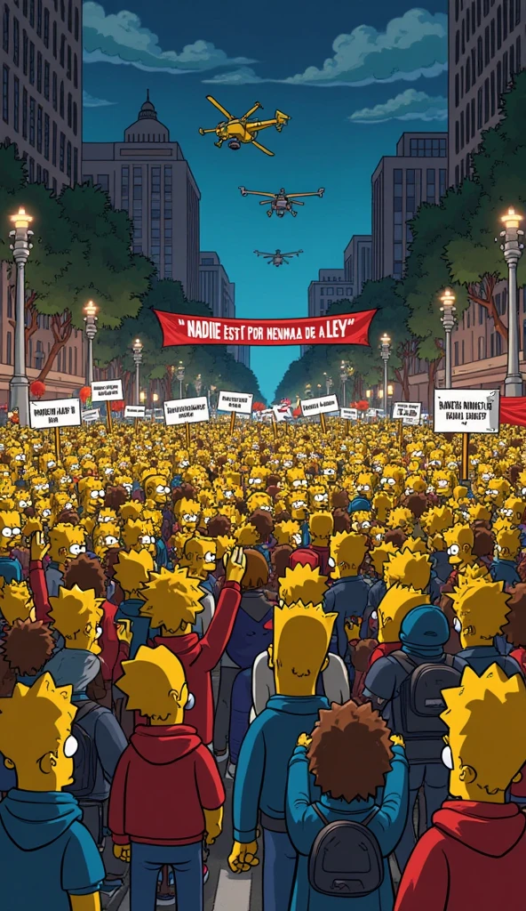 Counter protest, outdoors, animated, flat color, ultra sharp, yellow mob holding sign that say GO YELLOW!