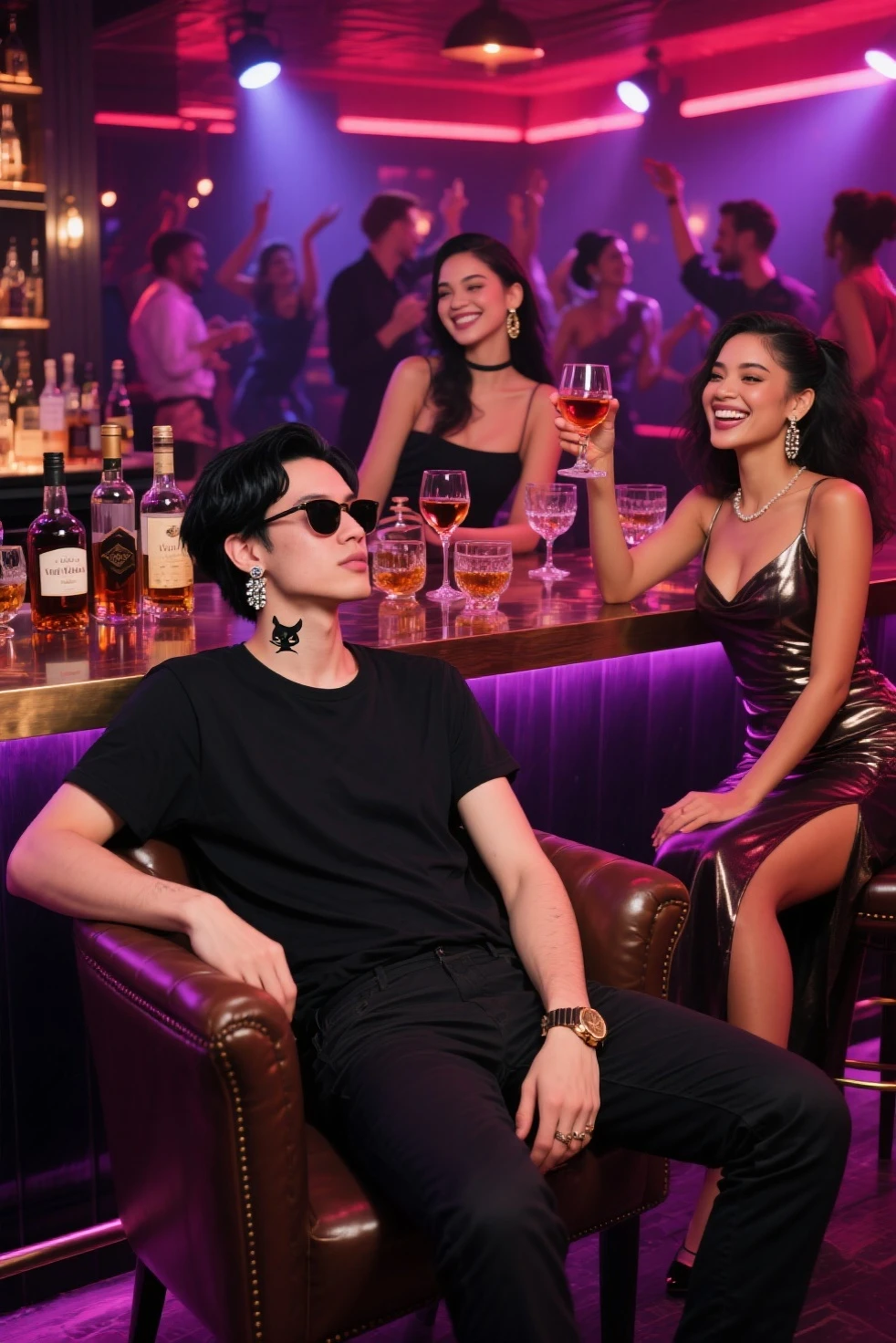 Fout people standing next to each other in a club, (20 years old), 8 0 s asian neon movie still, high res, movie promotional image, promotional still, group of people in a dark room, high quality film still, highlight scene of the movie, by Emma Andijewska, still from the movie, high-res, high - res, promo still, (best quality,4k,8k,highres,masterpiece:1.2),ultra-detailed,(realistic,photorealistic,photo-realistic:1.37),detailed facial features, HDR, UHD, studio lighting, ultra-fine painting, sharp focus, physically-based rendering, extreme detail description, professional, vivid colors, baroque,chiaroscuro lighting