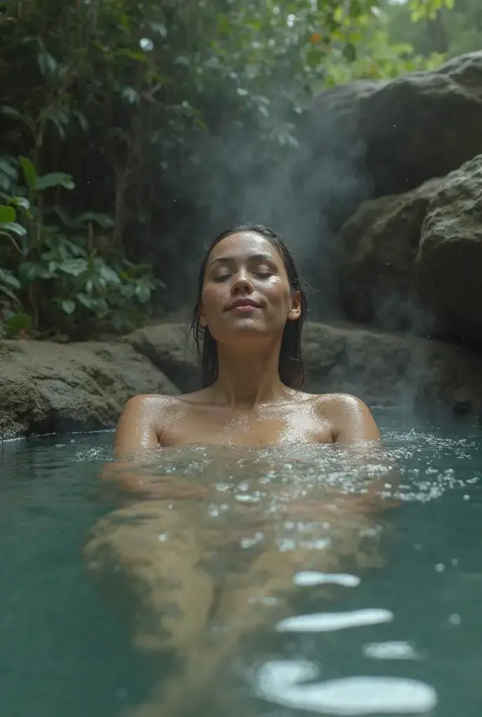 Nsfw, day scene, close up photo of sexy naked latina, huge breasts, taking bath near waterfall, body soaked in the water, big cheeks, seductive face, topless, look at camera and smile, black ponytail hair, (blue eyes:0.8), cute adult face, 35 yo, (cinematic:1.3), intricate details, (ArtStation:1.2)