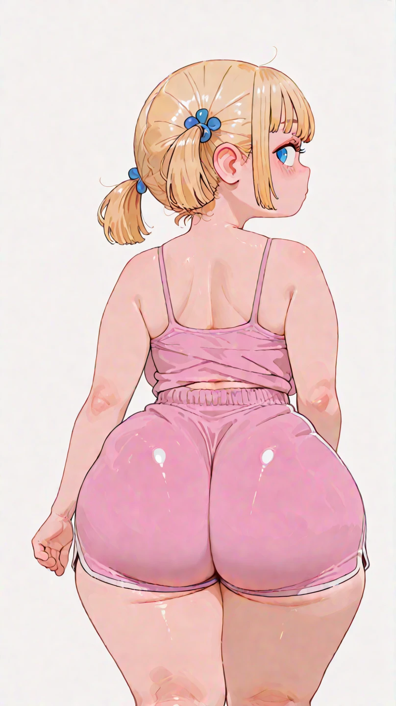 young Girl, (pastel colored striped bikini), presented hip shirring bikini, showing bikini, teasing bikini, bottom-back view, climbing stairs, blonde twin-tails, looking back, panty shot, low angle, up one legs, crotch seam, up skirt, [[small breasts:0.8]], back shot, look back, happy light smile, sweaty, sweaty body, sweaty skin, oily wet skin, framed body lines, ((closeup buttocks, back shot, look back)), Wrinkles in clothes, full body, Wearing sweat, Body lines stand out, japanese girl, japanese kids, (petit, being stumpy, short legs, short arms), slide