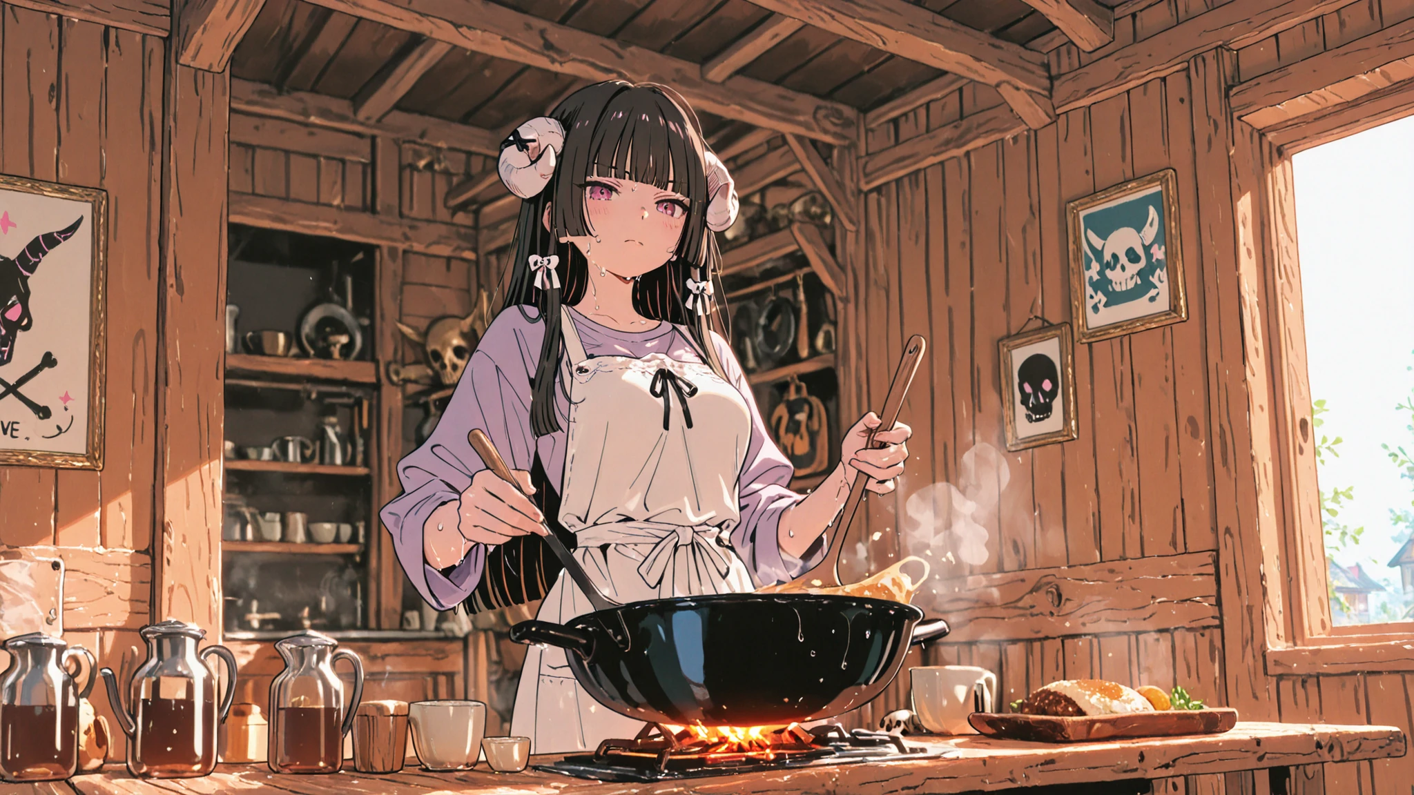 masterpiece, best quality, high resolution, Highest image quality、hime cut、medium breasts、She is a necromancer、glossy skin、wearing a modest but stylish apron over casual clothes、horns grow、Skull Ribbon、Indoor、An old wooden Western-style building、Antique Furniture、The atmosphere is like Necromancer's abode、, dim and warm lighting、cooking,delicious foods、Devil's Soup、serious expression、slightly sweaty、Her hair is a little messy