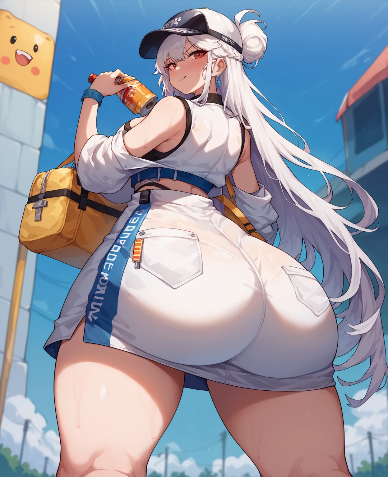 highest quality、masterpiece、High resolution、Pokémon、melon、Features voluminous silver hair with light blue mesh。 A uniform with a white-based design, typical of a snowy region, with a white collar and hat.、wearing earrings。 Kirks Town Gym Leader、User of ice type Pokemon。The Ice、spartan guidance、「fecundity」、When releasing Kyodai Max(Among the gym leaders)Only she has a heart effect added.。long hair、blue eyes、big breasts、Stimulation、(Plump、Plump:1.3)、white cast、Fur hatature woman、wide hips、round face、big butt、big butt、thighs、pantyhose、long hair、white footwear、white hat、Fur hat、mature woman, (see-through panties), nsfw, (ass focus)