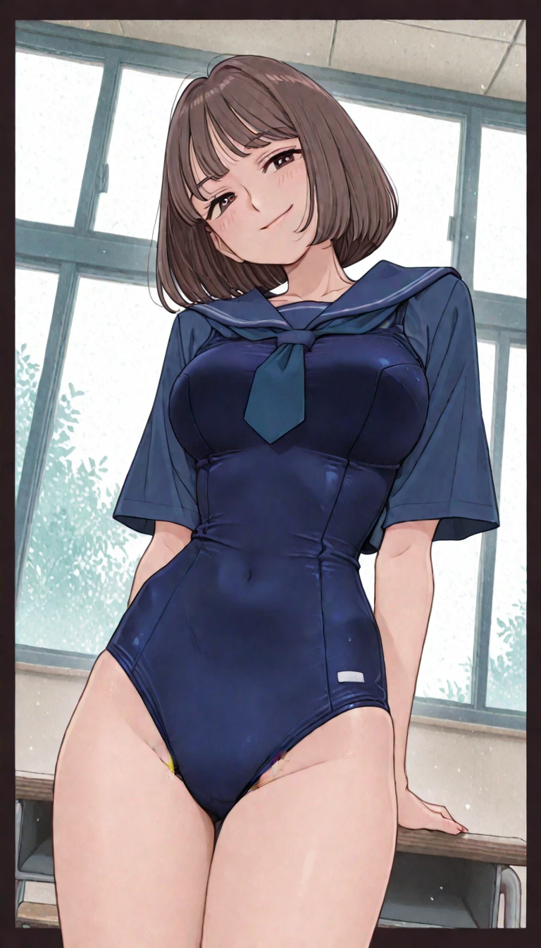 (Masterpiece), 8k wallpaper, solo, Watanabe you, standing, school hallway, one-piece swimsuit, v-neck, low cut at hips, pussy peek