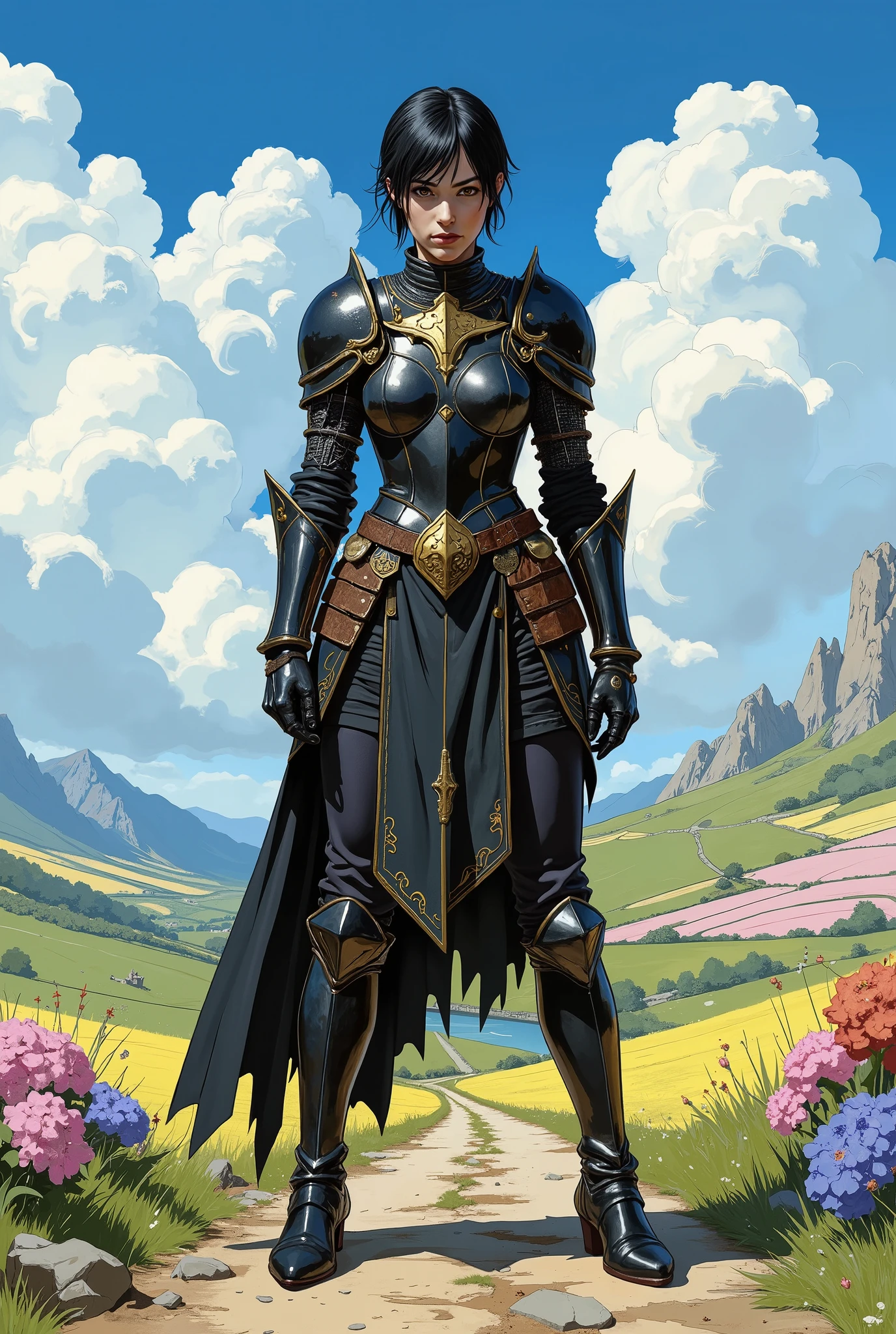(((black skinned female warrior))), short black hair, green eyes, dynamic pose, wearing Victorian era armor, ((background: a sky full of clouds))