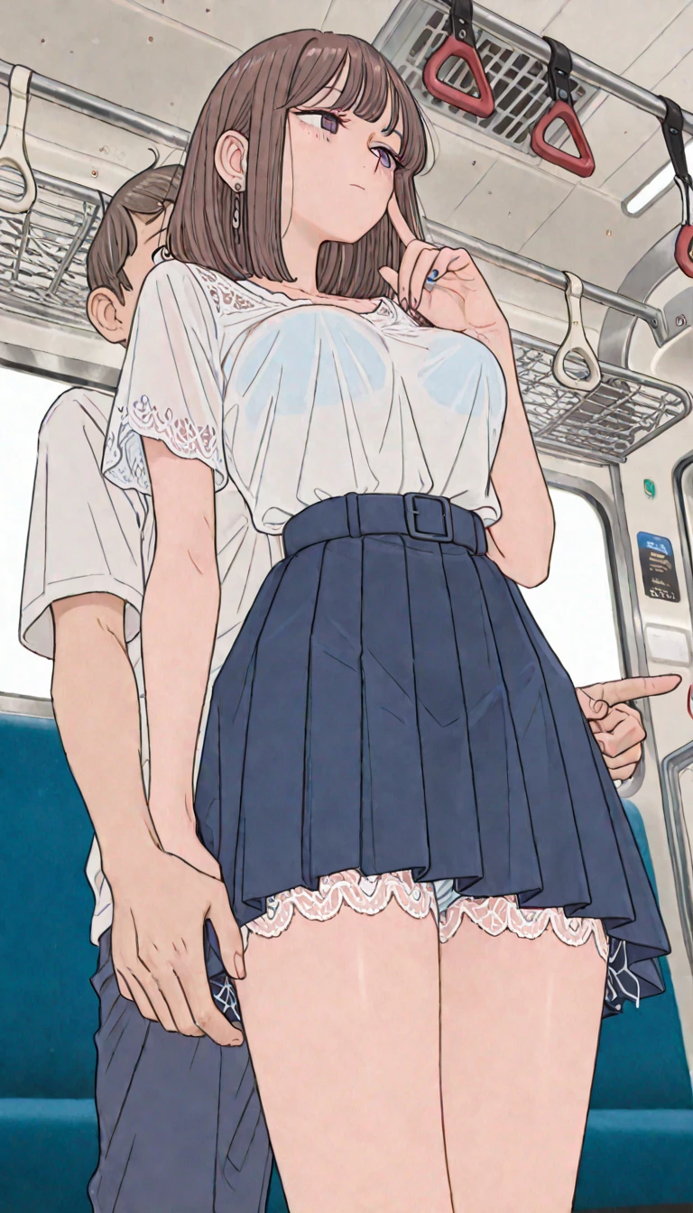 (Perfect body),Best Quality,(8K Portrait),(Official art)、((NSFW))、((((Lori))))、(((Brown skin)))、((((Short stature))))、((((SEX))))、(((((A man is grabbing her ass)))))、is crying、embarrassed from、1girl in,((((:o))))、Surprised、(blush),(Sweat),(((flat chest)))、(thick thighs)、(big butts)、((Pink hair))、((Short hair))、((Wavy Hair))、School uniform、a miniskirt、(Light blue striped panties)、 (yellow eyes)、Cowboy Shot、On the train、(Hands behind the head)、((from behind))、