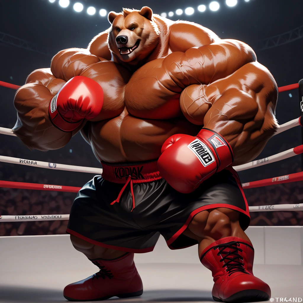 huge muscular kodiak brown bear in big gym fitness center, big smirking, kodiak bear, huge brown fur, thick arms, huge arms, big paws, veins all over arms and chests, bald, big brown mustache and beard, (muscular, pectoral, wide pectoral, thick arms), HEIGHT: 220CM, WEIGHT: 320KG, gym sets, workout equipments, ring, punching bag, realistic, 8k, masterpiece, added cinnamon colored eyebrows, deatiled eyes with red pupils, (wearing black mixed martial arts shorts with red slits, black mixed martial art fingerless gloves with red pads, black toeless footwear tapes, shirtless and topless), punching and kicking techniques,