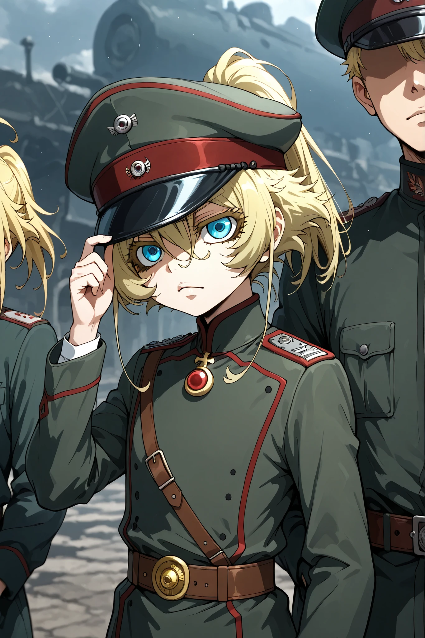 tanya degurechaff, long sleeves, hat, belt, uniform, military, military uniform, peaked cap, military hat,, tanya degurechaff, short hair, blue eyes, blonde hair, hair between eyes, sidelocks, ahoge, ponytail, short ponytail,,口を大きく開ける、口を開ける、舌、唾液、歯