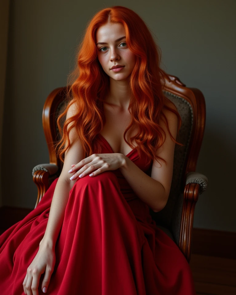 ((solo, 1woman, (red hair, long hair), lipstick, Extremely detailed, ambient soft lighting, 4k, perfect eyes, a perfect face, perfect lighting, a 1girl)), ((solo, (1woman, lipstick), Extremely detailed, ambient soft lighting, 4k, perfect eyes, a perfect face, perfect lighting, a 1girl)), , ((fitness,, shapely body, athletic body, toned body)), ((black dress, imperial throne, sitting on a throne, flowes, high heels, throne room, palace)), crossed legs