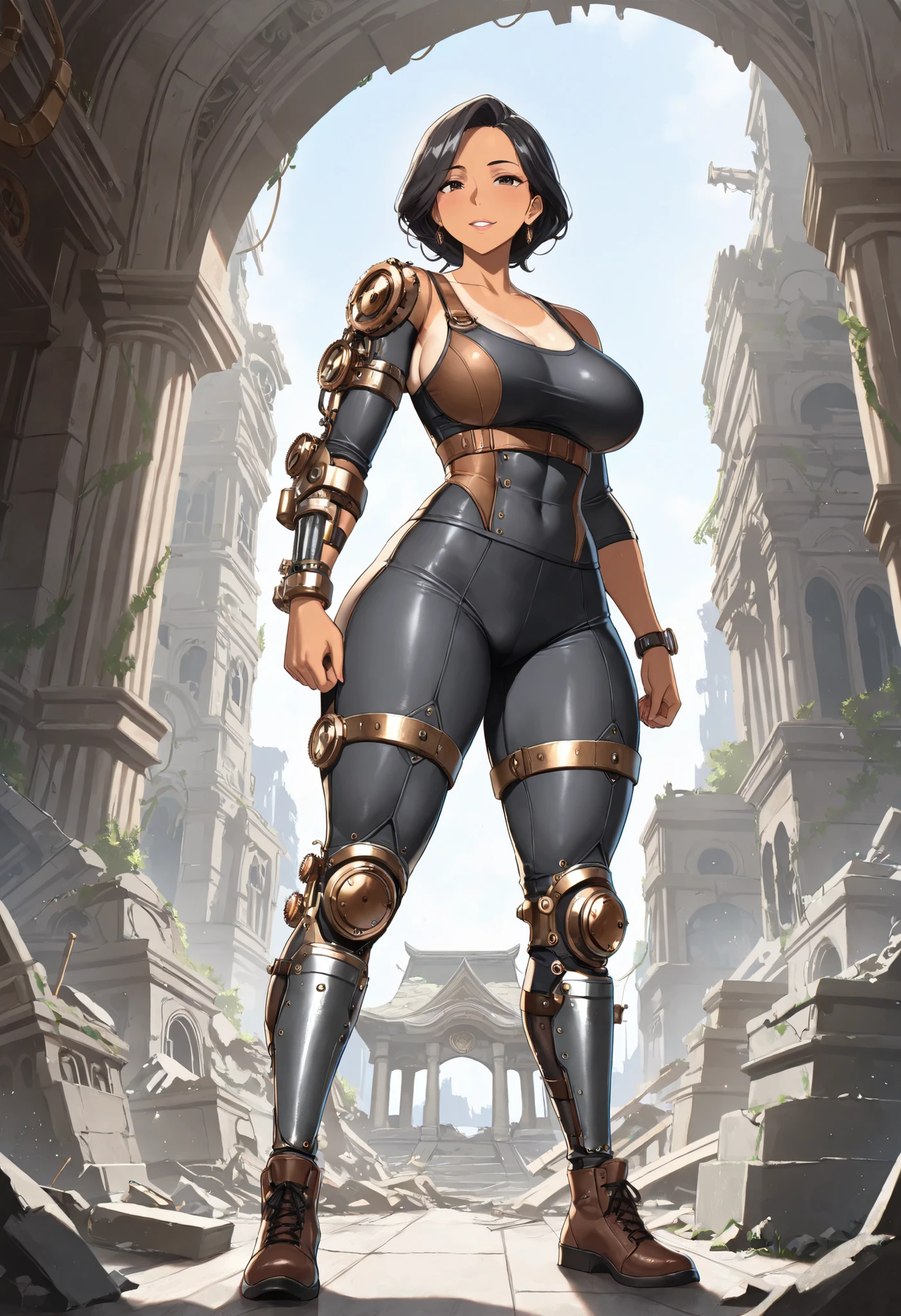 (masterpiece, best quality:1.2), highly detailed, nsfw, rated_excited, solo, 1 girl, mature woman, a female giant, brwon tan skin, black hair, athletic body, mechanic legs, steampunk legs, fighter clothes, temple ruins n background, fan art, character design