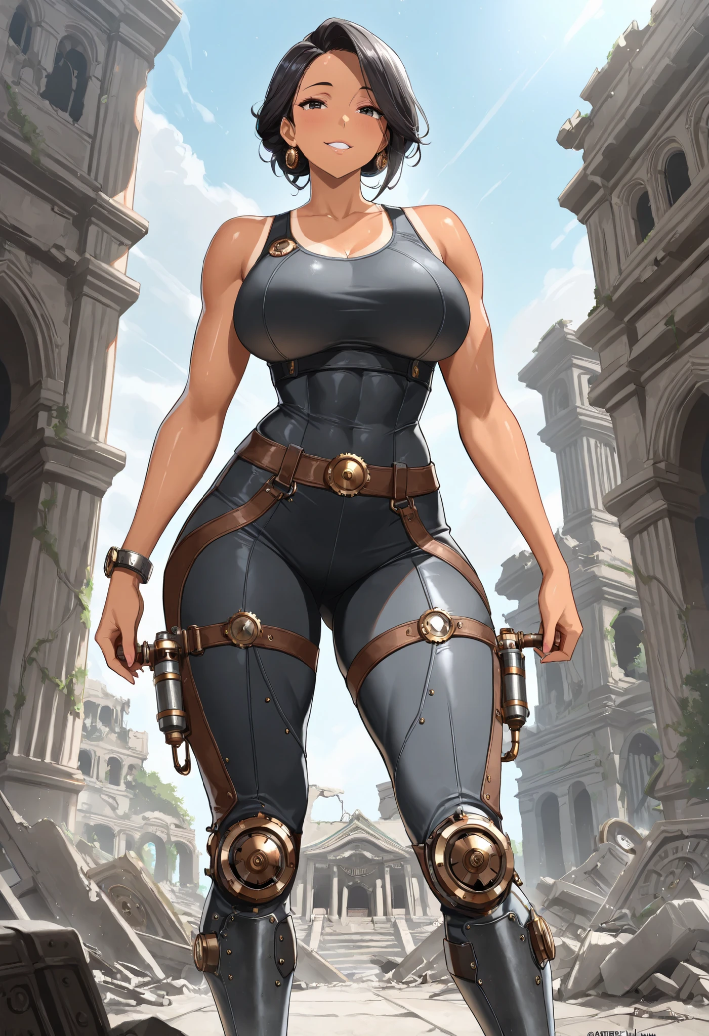 (masterpiece, best quality:1.2), highly detailed, nsfw, rated_excited, solo, 1 girl, mature woman, a female giant, brwon tan skin, black hair, athletic body, mechanic legs, steampunk legs, fighter clothes, temple ruins n background, fan art, character design