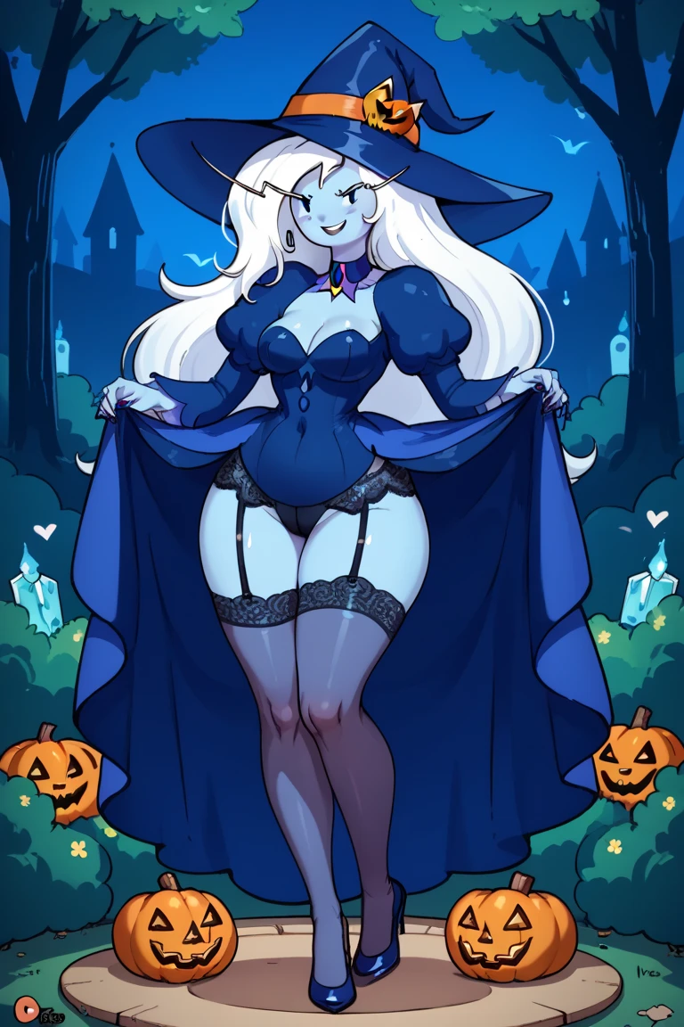 1girl (Made by Burgerkiss), Alolan Ninetales, ((solo)), ((big and firm breasts, antrum, extremely detailed, extremely detailed legs, extremely detailed arms, extremely detailed face, perfectly detailed eyes, perfectly detailed anatomy)), looking at viewer, (Haunted mansion), (Wearing a witch Halloween costume)