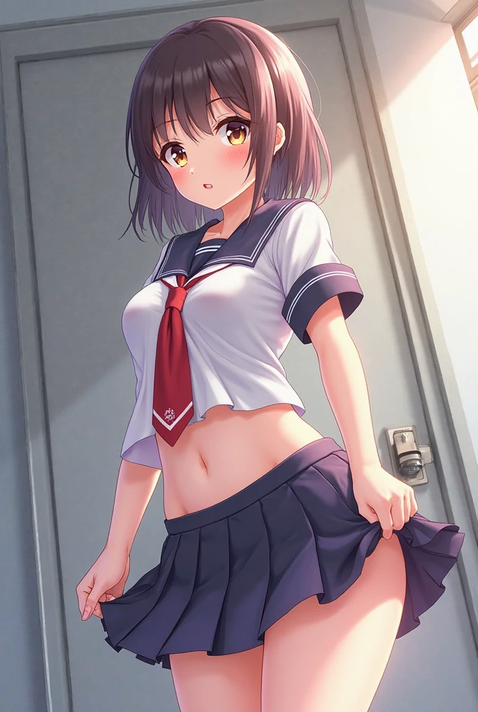 (masterpiece, Highest quality:1.3), (Super detailed:1.3), One girl, alone, (Random hair color, ponytail,)、Colorful panties are wet、Embarrassed about leaking urine、Urinating、Blue Eyes、Miniskirt with rolled up、Good sized breasts and nipples、Short-sleeved sailor suit、A slight peek from below、