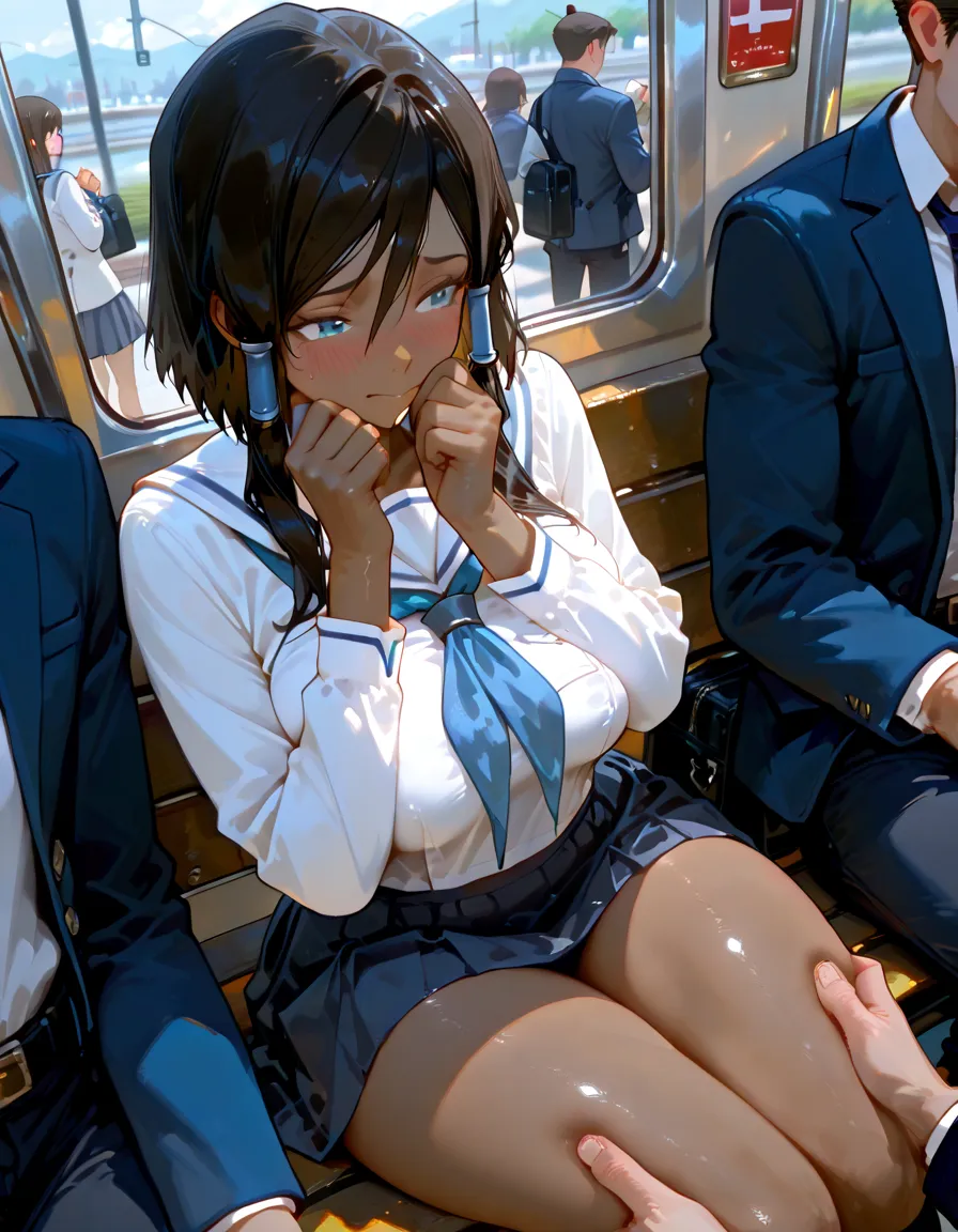 Highest quality、3人のElementary school girlがBeing molested、Wearing a school cap、Being molested、full 体 figure、7 years old、Elementary school girl、Perfect Five Fingers、Perfect Legs、Exact number of legs、 Embarrassed face、Perfect、Detailed Description、The finer details、Detailed face、Black Hair,Pink Eyes, ribbon、You can see the raw buttocks、Nipples are visible、Big Breasts、mini skirt、On the train, on the train、crowded train、(((Skirt comes off, Wind power increase))),(((No bra)))、Angle from behind、((She had her butt touched by a man:1.5)), ((She was grabbed by the man:1.5)),((She was molested on the train:1.5))、((She was covered in the man's bodily fluids, on her chest and buttocks.:1.5))
