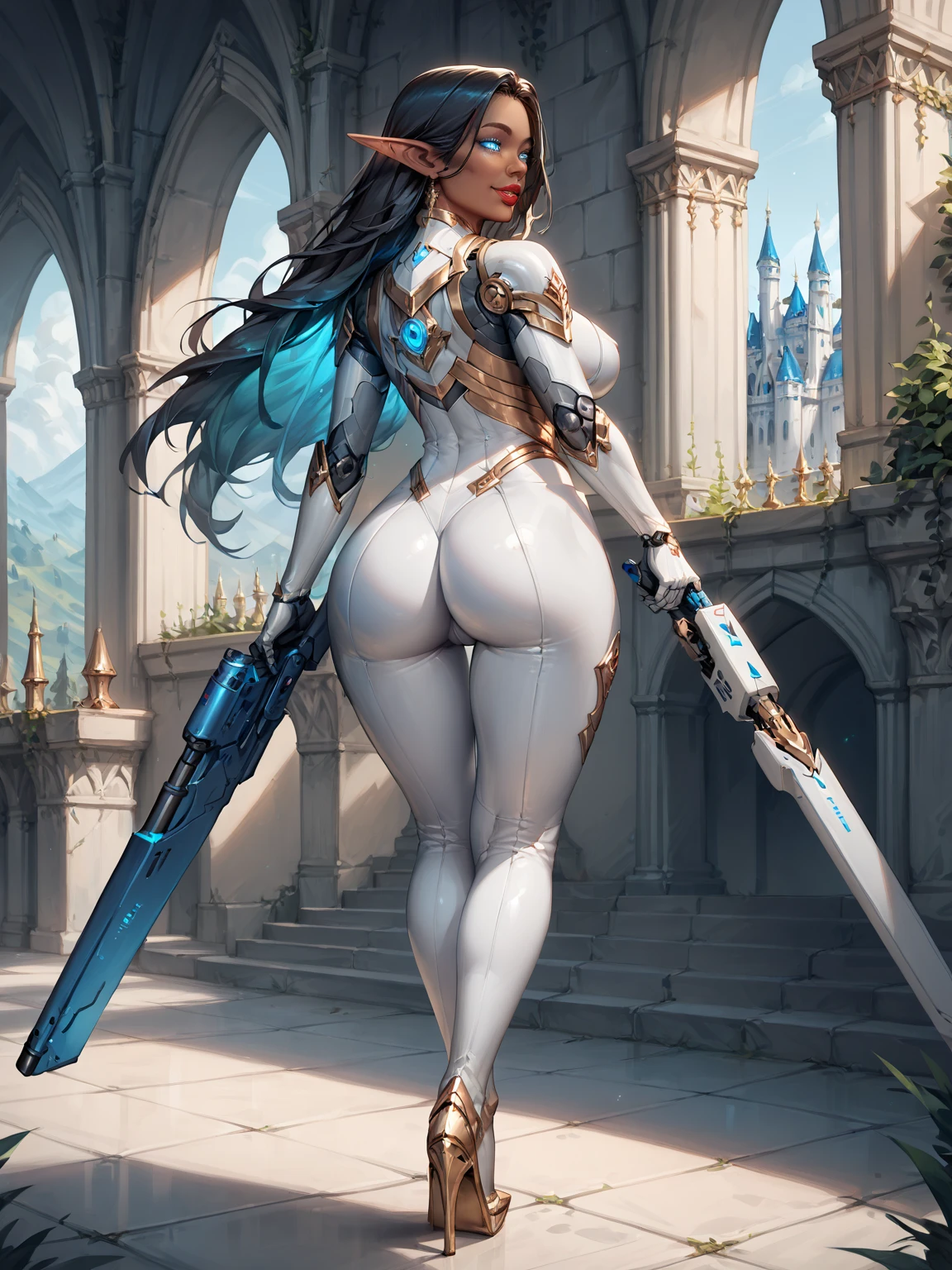 girl with big breasts, with exotic red clothing, (dark ebony skin:1.4) , round and big butt, Epic Fantasy Art Style HD, 4K fantasy art, epic fantasy digital art style, epic fantasy art style, Fantasy Woman, epic fantasy art portrait, Epic fantasy style, hyperrealistic fantasy art, hd fantasy art, Epic fantasy character art, epic fantasy art, in style of dark fantasy art, epic fantasy digital art, (cinematic lighting :1.4), (lace style lingerie net:1.4), (long white gray hair :1.4),( cyborg mecánica white plastic transparent :1.4),( cyborg white transparent :1.4), ,(Ruined dungeon ruins background:1.4 )