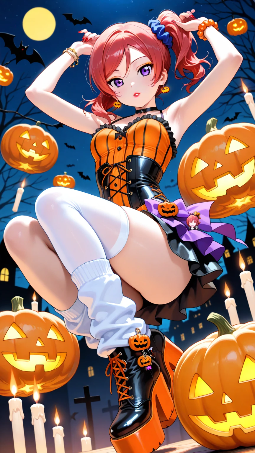 (top-quality、in 8K、32K、masterpiece、nffsw、超A high resolution、Impresionismo、Photorealsitic:1.2)、Colossal tits、cowboy shot、Magic Pose、 detailed faces and eyes、 nightcity、Dim Street Lights、A jack-o'-lantern is placed on the road、Halloween Costumes、Clown makeup for a beautiful girl 16 years old、beauitful face、blurry backround、16-year-old beautiful girl、shinny skin、Medium Hair、beautiful orange hair、Blunt bangs、Black eyes、(Clown clothes:1.2)、Clown clothes、flered skirt、knee high、Clown shoes、Curve、(Panties are visible:1.2)、Smile with open mouth、juggler