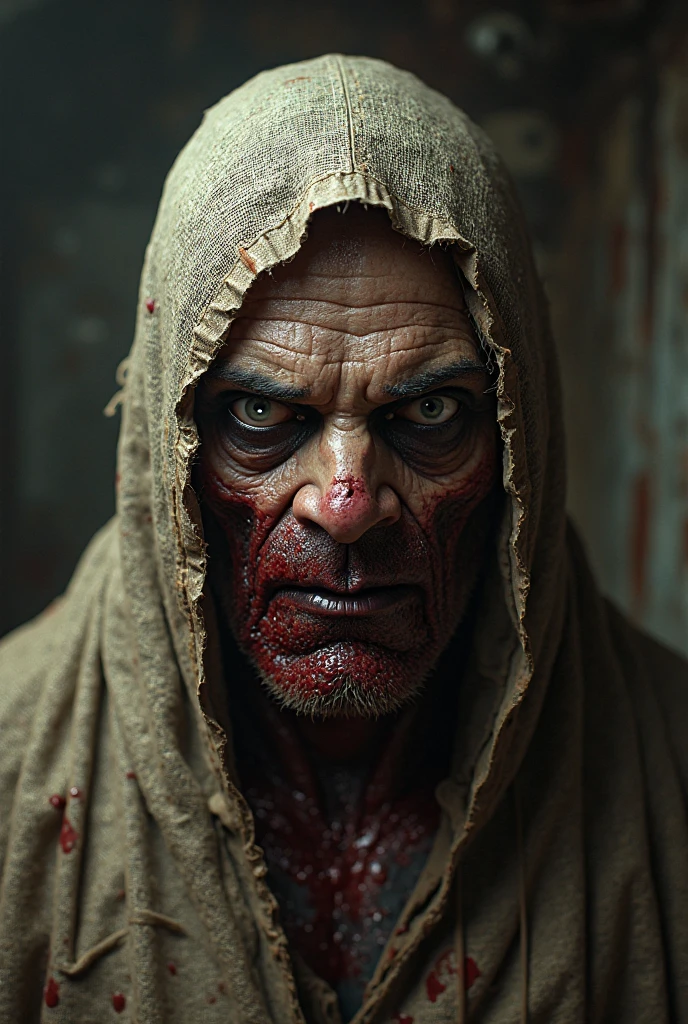 close-up of a man with a bloody face and a creepy look, extremely detailed face and body, extremely detailed face, Horror!! Highly detailed, A creepy mutant creature made of flesh, Make-up prosthetics, clean brutal blooded face, Horror macabre face, ultra realistic Horror, Latex flesh and facial muscles, Freddy Krueger, A real human face with skin, Freddy Krueger style