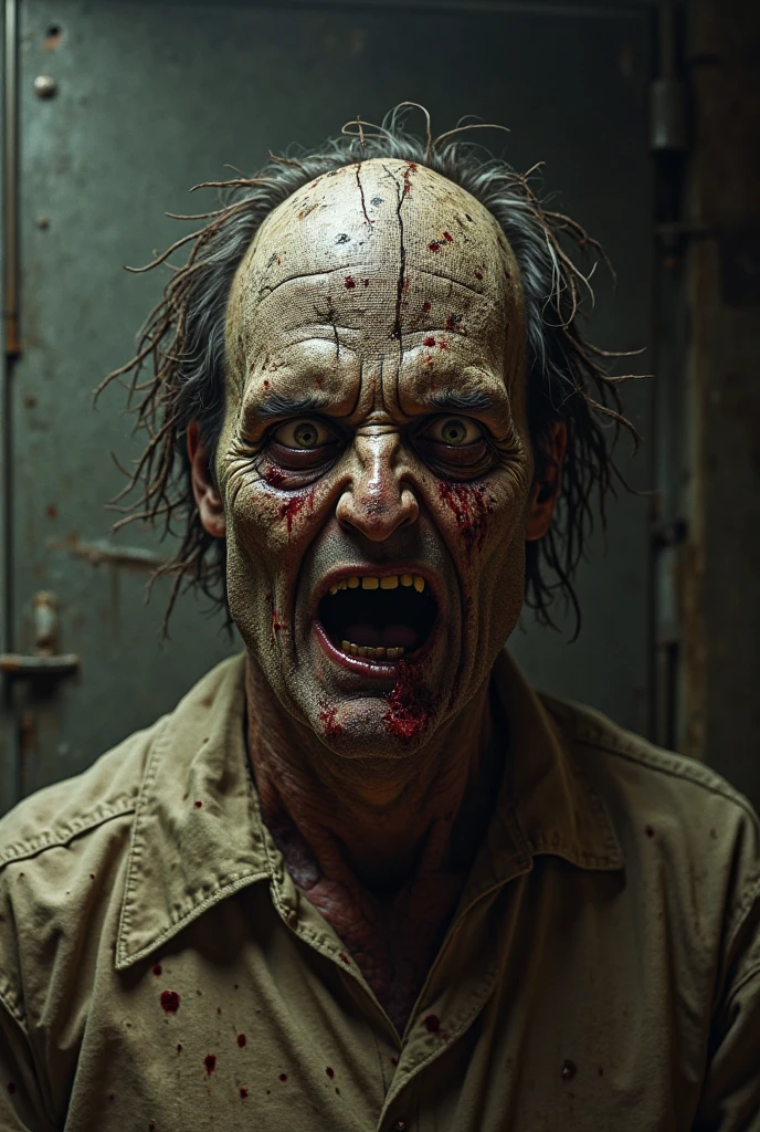 Zombie doctor in a broken hospital, zumbi perfeito, wearing a doctor's lab coat, stethoscope in the neck. postura atacando, medonho, terror, filmes de zumbi, lab coat with handprint and blood