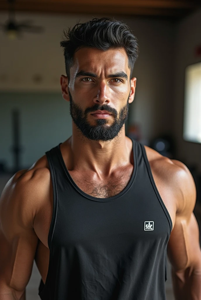 35-year-old mafia man, moreno, short hair shaved on the sides, with large, wide pectorals and arms, barely marked abs, no shirt, no hair on chest, hairless.