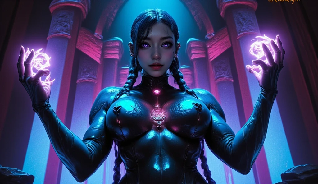 Strong blessed mother of Kristopher Logan Daniel, Rhea Ripley embodied Goddess, Muscular, attractive, strong, patient, calm, warrior, libra zodiac, confident, loving, high resolution, 4k, 8k, high quality, purple aura, black lipstick, mystic tribal designs on body, expressive eyes, blueish green pupils, black hair