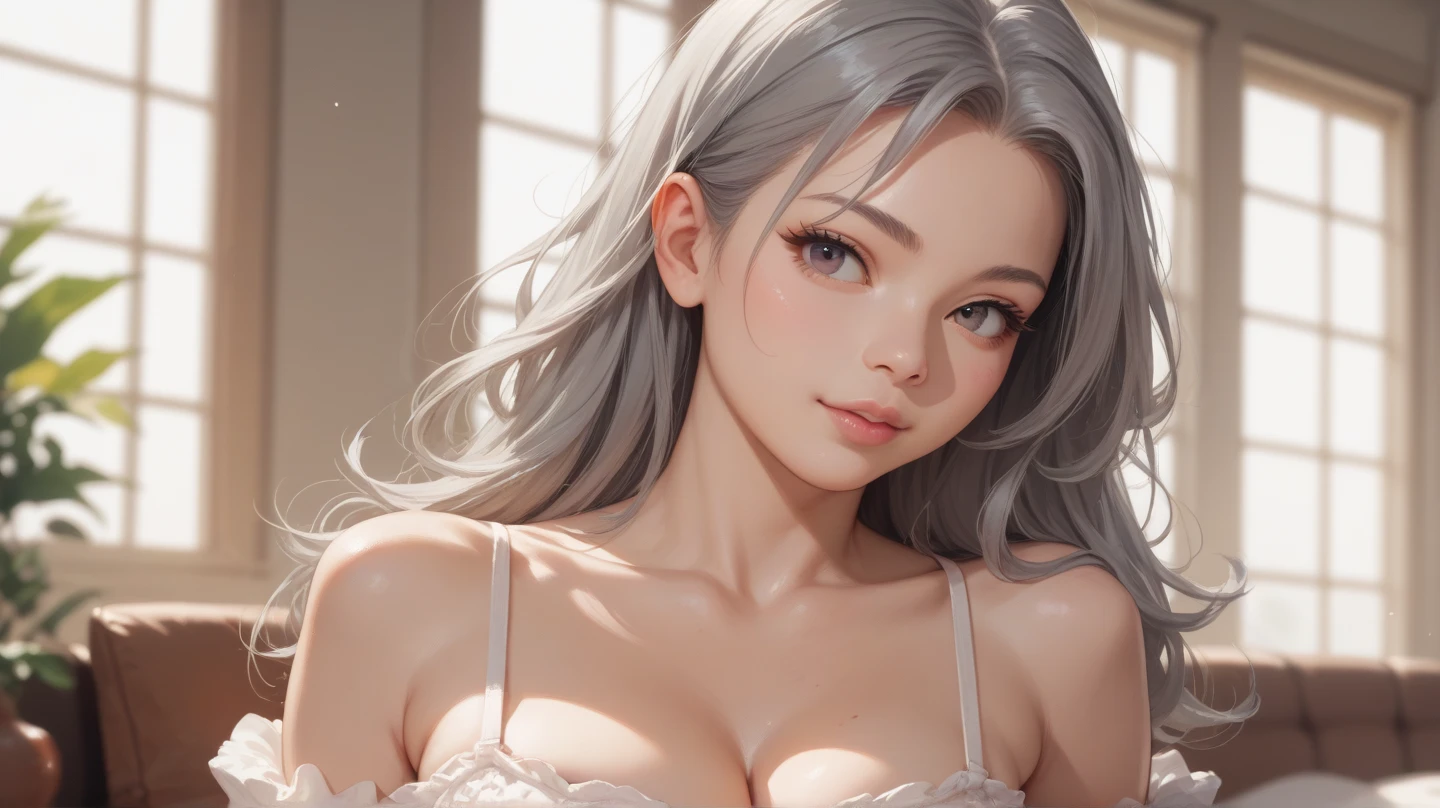 ((grey hair)), high ponytail,,heavy makeup, cute, technological sense,8k, best quality, masterpiece, illustration, an extremely delicate and beautiful, extremely detailed ,CG ,unity ,wallpaper, Amazing, finely detail, masterpiece,best quality,official art, extremely detailed CG unity 8k wallpaper,((smile)),tomboy,((Big eyes)),((perfect eyes)),highly detailed, sharp focus,rich background,loli, looking at viewer, breasts, blurry background, small breasts, bangs, bare shoulders, white dress, dress, realistic, in the cyberpunk city, strong rim light, in summer,