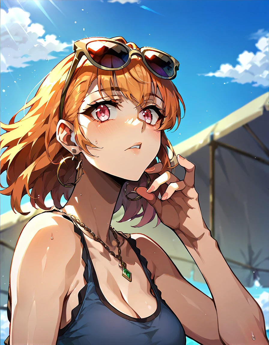 8K, best quality, master piece, ultra-detailed, Super Short Hair、pale red hair、Straight Hair、、double eyelid eyes circle earrings、、small breasts、Adult swimwear、Sarong Pass、Moonlight、pool、Crouching
