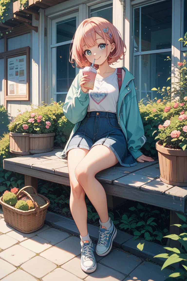 anime girl, having piece of tree branch, horizontal stripes of light blue and pink, blue shorts, brown boots, closing eyes, short brown hair, golden flower garden, dark place