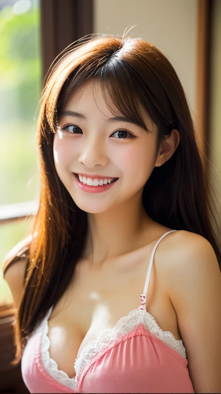 masterpiece,best quality,(Japanese ),((Beautiful girl)),cleavage,indoor,(perfect body beauty:1.2),(shy smile),beautiful teeth,