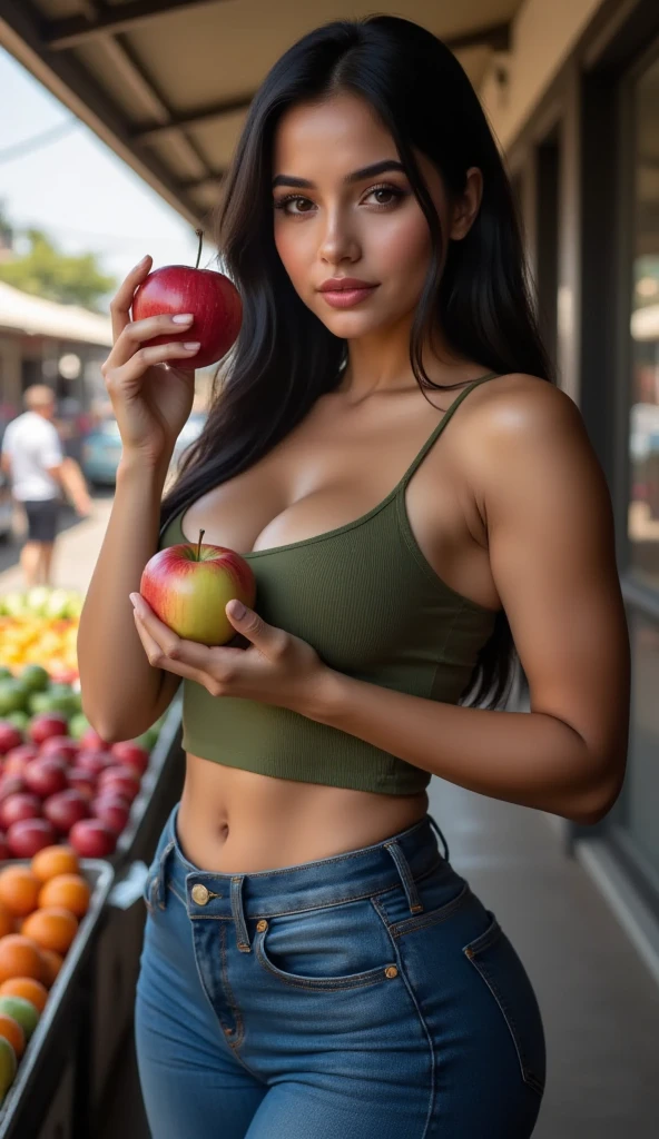 Woman holding two peaches, juicy peaches covering breasts
