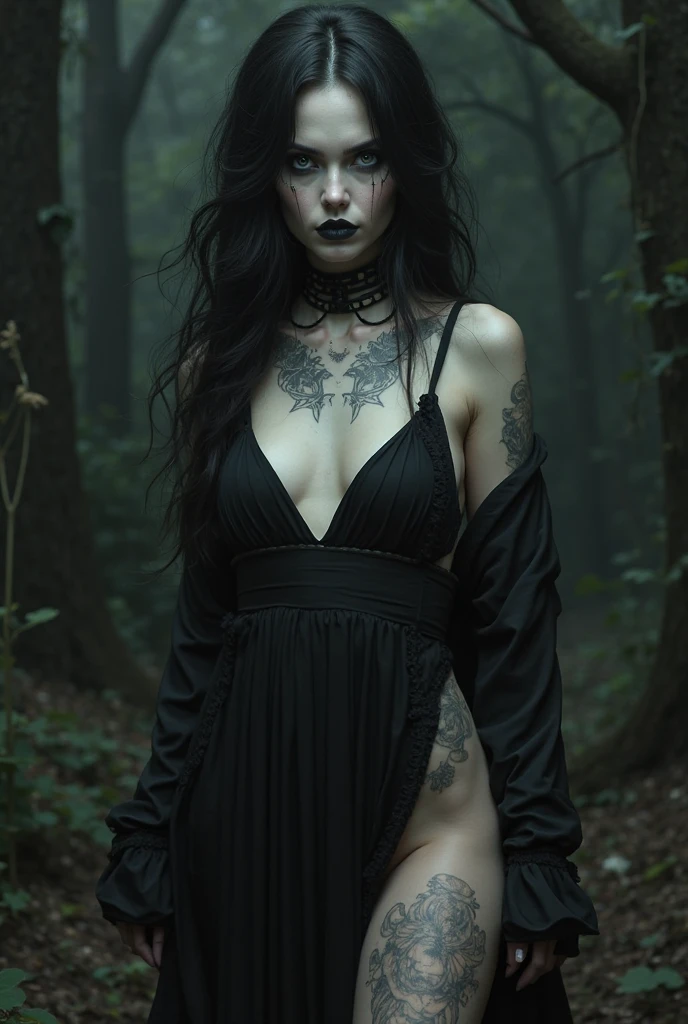 (Best Quality,hight resolution,Masterpiece, portrait:1.2),Ultra-detailed, close up of a naked woman in a creepy forest, black veil covering her breasts, black metal make-up, pale white skin, tattoes, creepy make-up, foggy and cold atmosphere, dripping make-up, wet ambient, esoteric tattoes, tattoed neck, cold atmosphere, horror aesthetic, gothic aesthetic, completely naked, seen frontally, centered subject,gloomy ecstasy,fetish,dark gloomy atmosphere, creepy atmosphere, gritty texture,Retro-atmosphere,warped reality,melancholic expression on his face,mysterious aura,foggy atmosphere,foggy background,Subtle color palette,provocative pose,Strong emotions,Coming Out of the Depths of Despair,Piercing gaze,intense shadows,Plunged in Darkness,dark industrial aesthetic,ominous vibe,A supernatural sensation,Loss of Place in Time and Space,Eerie silence.asymmetrical bangs, freckles, black short hair, Bangs, freckles, gray eyes,