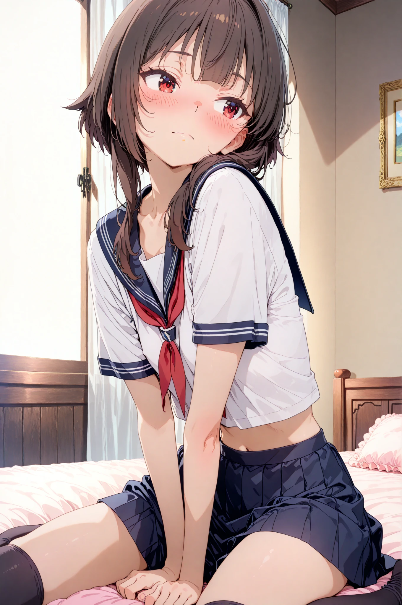 Highest quality,Ultra-wide angle composition、Elementary school girl　Sweaty face　cute　short hair　boyish　My hair is wet with sweat　Pink sigh　I took off my pants　Character Panties Cunnilingus　condom　woman on top　Becoming a man&#39;s belly
