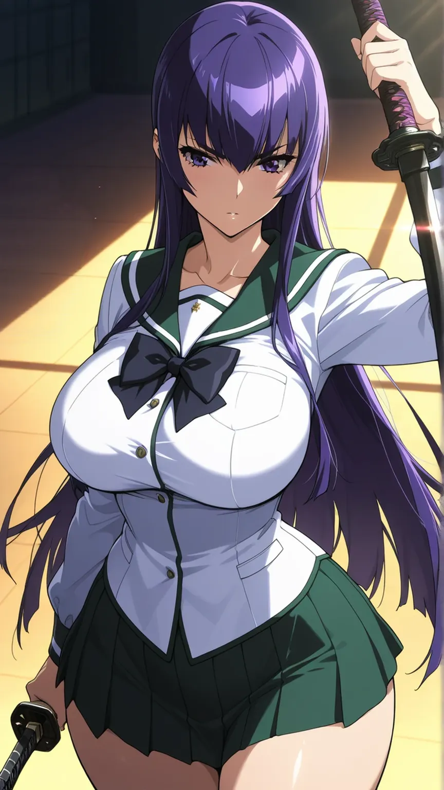 Shion 
1girl, belt, breasts, cleavage, collarbone, holding, holding_sword, holding_weapon, horns, katana, large_breasts, long_hair, open_mouth, pants, ponytail, purple_eyes, purple_hair, purple_jacket, shirt, simple_background, single_horn, solo, sword, very_long_hair, weapon, white_background