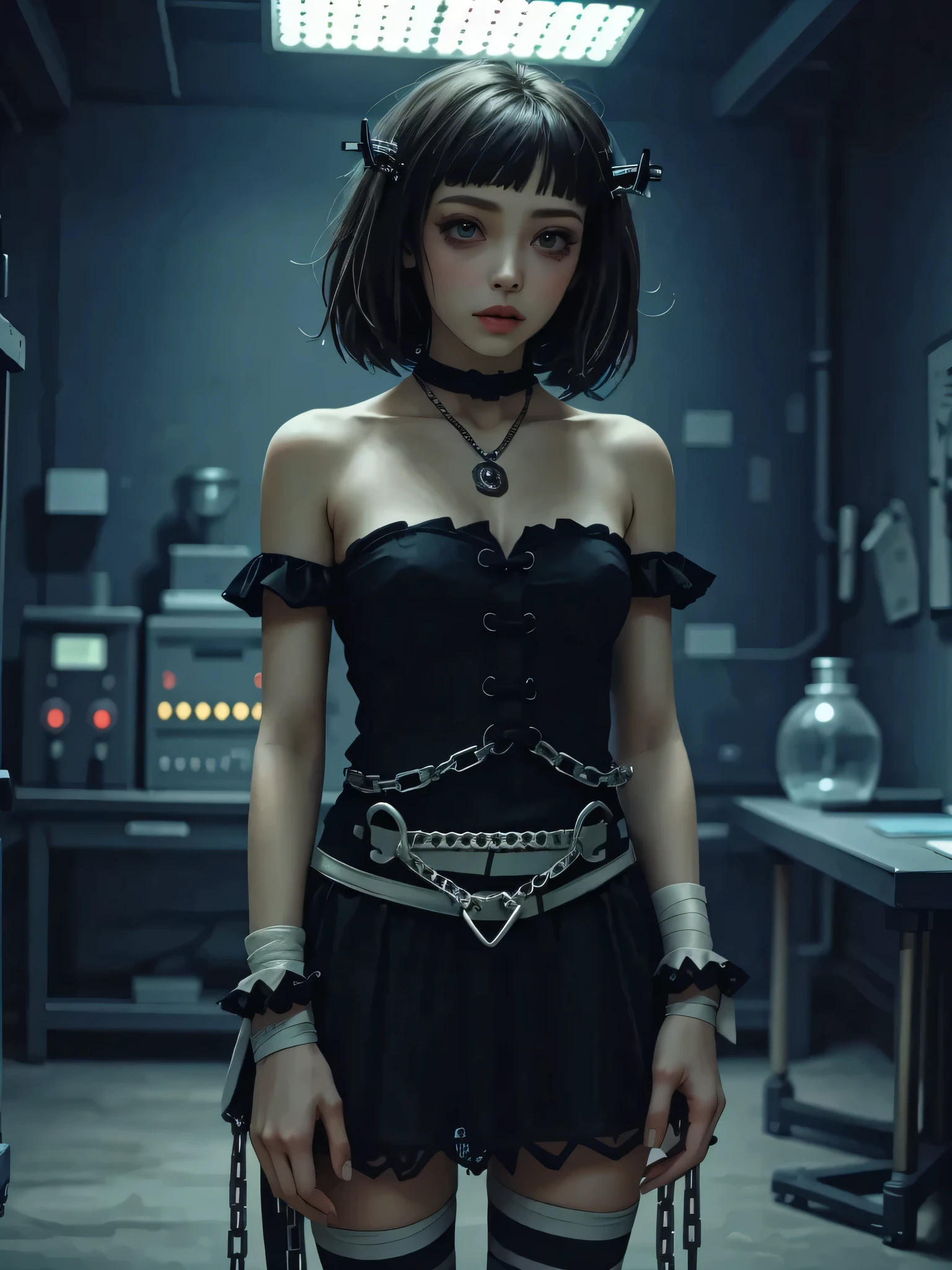 ((Highly accurate drawing across the details) Extremely accurate depiction )[high resolution],((realistic texture expression)),(Clear and precise illustrations),(Very fine and precise drawing ),(Delicate lines with slow speed)[[Beautifully color-tressed main lines]],(Bizarre old laboratory[Walls and ceilings with exposed bricks that have deteriorated over time][[barbed wire]太いLock]),(((Beautiful Aryan Girl[Large, foggy eyes(Beautiful, deep-colored eyes)])[MONSTER]FrankensteinGirl)[[Morbid facial expression]][Goth Punk Makeup ][(Short Height)SKINNY][[Pale skin]Skin greenish like a dead person [Dead flies]][Electrode bolts on the head ][Seams on the surface of the body])[Artificial Girl[Resurrected Human][robot figure]],((Bandages all over the body)[[gothic punk fashion](Tack)[Lock](collar)[[Shackles]]][frills[race]ribbon][Striped knee-high socks])[[bondage fashion on the tip of the mouth]Bizarre(Patent leather material)[Studs]],gravure[[Colorful]Soft ambient light[horror taste]],(Intricate and beautiful decoration[high density details]),(Fine, and beautiful skin expression[Transparency]),(精密に細部まで描画された美しい目のdetails)[[深いTransparency][Sharply defined pupils](A jewel-like iris)((Beautiful eyes clearly drawn down to the smallest detail))]),[[Eye Light[Pinpoint lighting for the eyes]]],[Long and beautiful eyelashes],[Soft looking lips],[[Uncluttered hairstyle]Intricately drawn hair[美しく艷やかな髪のdetails]],(完璧な手のdetails[Beautiful fingers without flaws[Beautiful nails]]),[[[[Beautiful navel]リアルな臍のdetails]]],(Perfect Anatomy(Perfect, well-balanced proportions))[[full body image:0.4]],[[High level of design[The golden ratio]]][ideal color coordination(accurate simulation of the interaction between light and materials)[Beautiful and vivid color]],((details,高Fine)),[[Transparencyのある彩色]][Narrative visual art][[Natural Eros]],[[Personalization]]((top quality)Fine[[High density drawing]])(最high resolution).