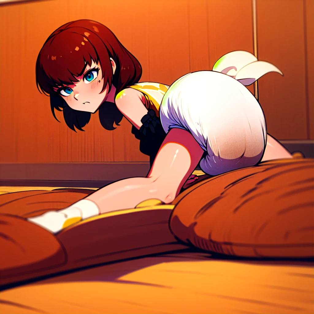 tennis girl's massive rear butt out of bottomless slutty mini sweater out bare and brown boots, showing her vagina, lying down on bed, wearing oven mittens under big pillow, blindfold