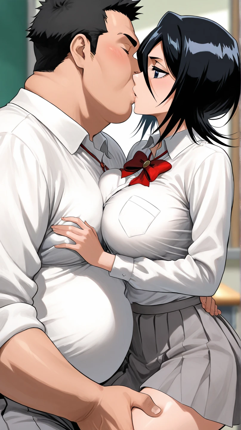 masterpiece, best quality, ultra high resolution, Very sexy 20 year old woman with sagging breasts., With short black hair, with school clothes, culo hermoso, hombre le agarra el culo mientras se dan un beso apasionado con mucha saliva