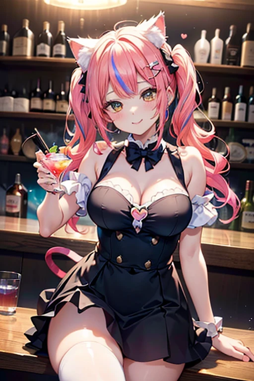 1lady,solo,cute,blush,cleavage,she drink cocktail,she hold glass,perfect glass,in night bar,table,around food