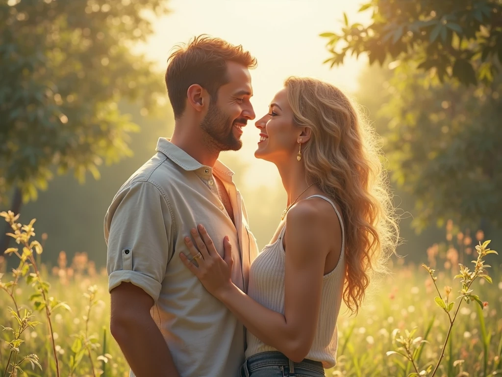 Beautiful blond girl sit on handsome boy thighs