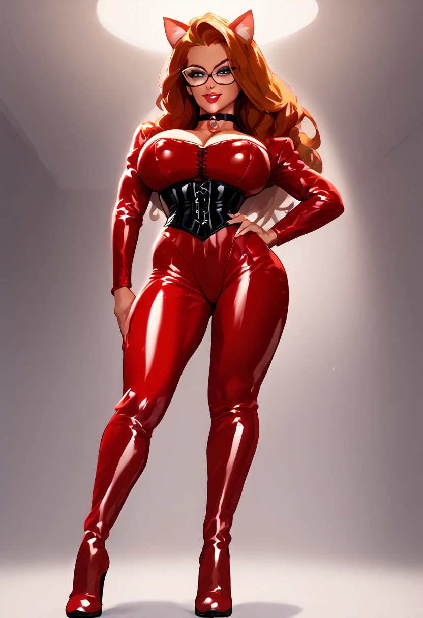 Sexy Hermaphrodite, Plump, pursed lips, Smooth Skin, Blonde with bangs..Crystal blue eyes with smoky eyeshadow and black eyeliner, Black semi-matt lipstick, Dark Skin, A frivolous, proud smile, Red hair.Full body image、Plain white background、Red thigh-high boots with red stiletto heels.Red harness.Full body angle from the side、BDSM、Pin-up girl style riding a missile