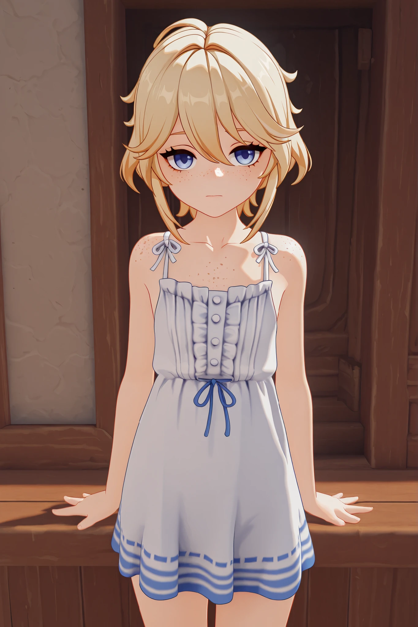 masterpiece, best quality, amazing quality, G3NSHIN, genshin impact style, 3d, 1boy, male, messy short blonde hair, blue eyes, freckles, summer clothing, smilling 