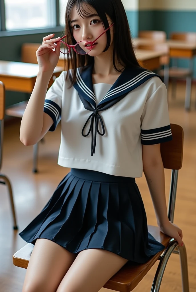 (1 Korean girl), ((best quality, 8k, masterpiece: 1.3)), Focus: 1.2, Perfect body beauty: 1.4 , Beautiful breasts, (smile), (Street: 1.3), Highly detailed face and skin texture, Fine eyes, Double eyelids, Whitened skin, (Black straight face: 1.3), (round face: 1.5), (Sailor skirt: 1.4), (Black stockings: 1.6)