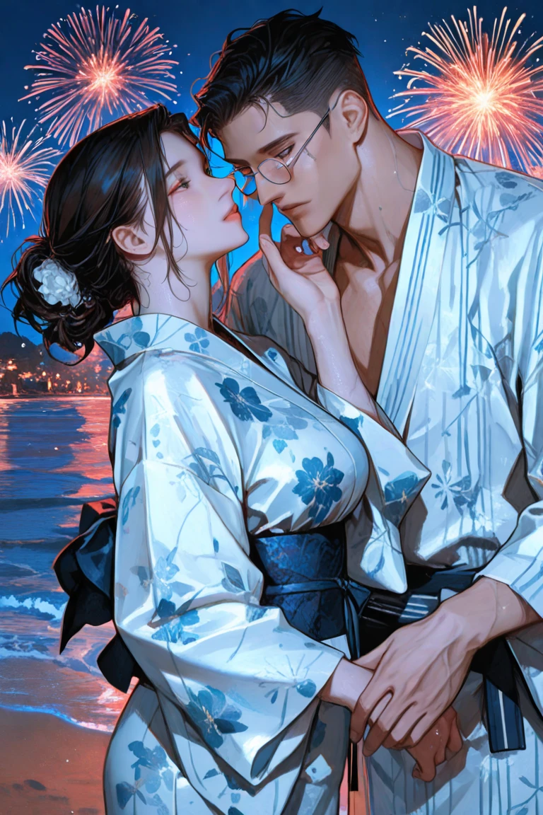 A snowy, whimsical fantasy scene with an super model in sexy pattern kimono. The image is primarily composed of white, black, and royal blue colors. The artwork is created with abstract shapes and lines, resembling brush strokes. It has a poster art feel to it. The main focus of the scene is a couple engaged in a passionate kiss. The lighting and shadows play a crucial role in enhancing the mood of the artwork. The style of the image is influenced by the works of Malcolm Liepke, known for his dynamic and expressive paintings. Depict the model partially concealed by a sheer fabric or drapery, leaving much to the viewer's imagination. Use subtle details to hint at hidden desires. symbolic elements that convey a deeper meaning or narrative