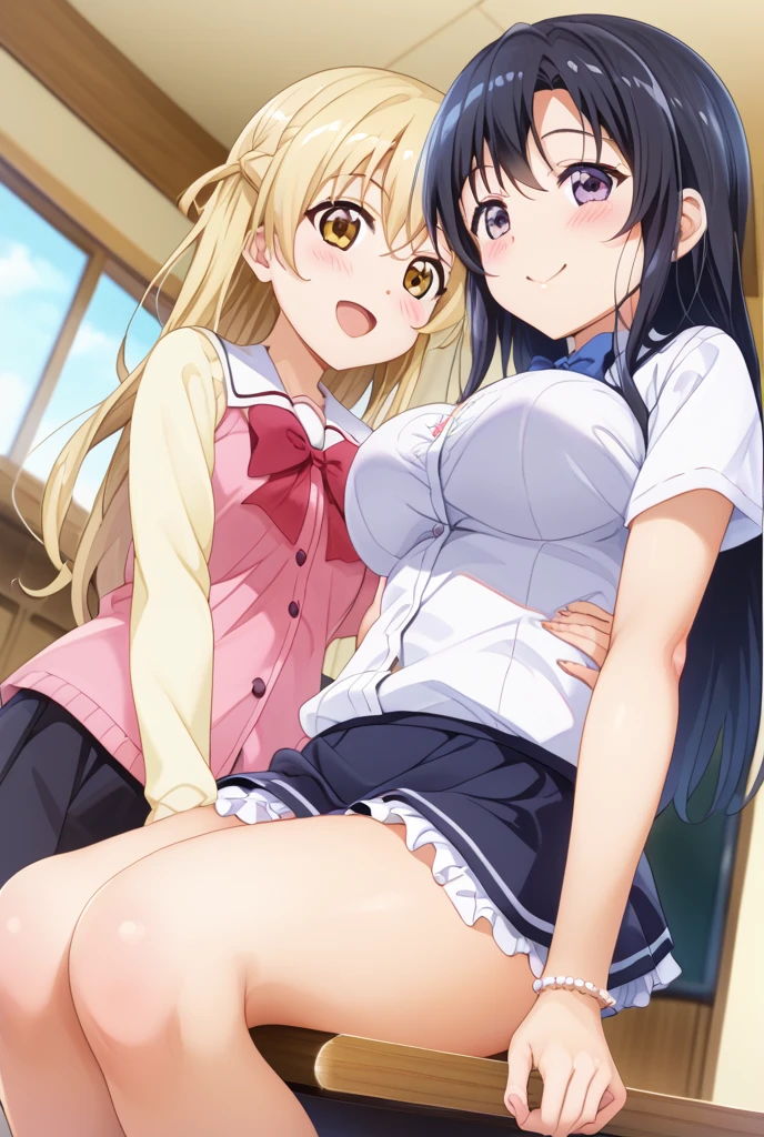 two anime characters with big boobs undressing one another in the kitchen, yuuki mikan, konjiki no yami, multiple girls, 2girls, cameltoe, long hair, panties,wet panties, sweaty body, underwear,