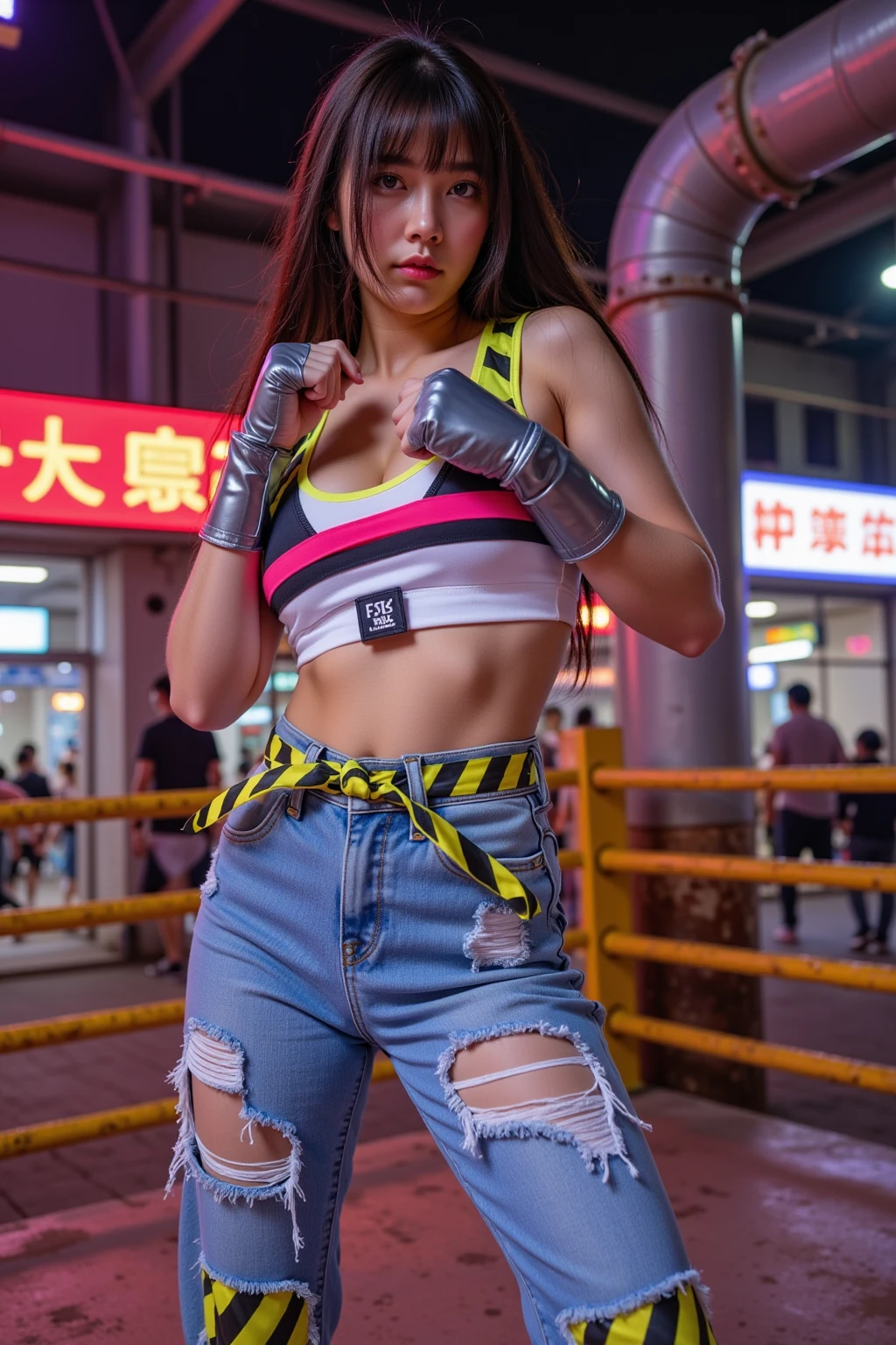 Beautiful Thai-Melanesian female, (16 years old), Mixed Martial Arts, (Navel baring, Everyday home clothes:1.3), Tank top, (MMA gloves), Fit, (Muscles:1.2), Athletic feminine body, Female fitness model body, Tokyo landmarks in the background, Masterpiece, Perfect lighting, Ultra high resolution, 8K, She is an exceptional MMA fighter, Hard toned feminine body, (Very long ponytail, Straight bangs:1.2), (Sexy smile for the camera), (Very sexy pose), (Kung fu fighter in fighting stance, Holding very large weapon in hand, Wearing very large weapon, Standing with very large weapon, Raising very large weapon:1.4), (Tattoos all over body, Japanese tattoos on 80% of body:1.4), Red lips, Red high heels, Necklace, Earrings, (Very detailed:1.4), Front view, Looking at camera, Thoughtful expression, (Tokyo city, Many people in background),