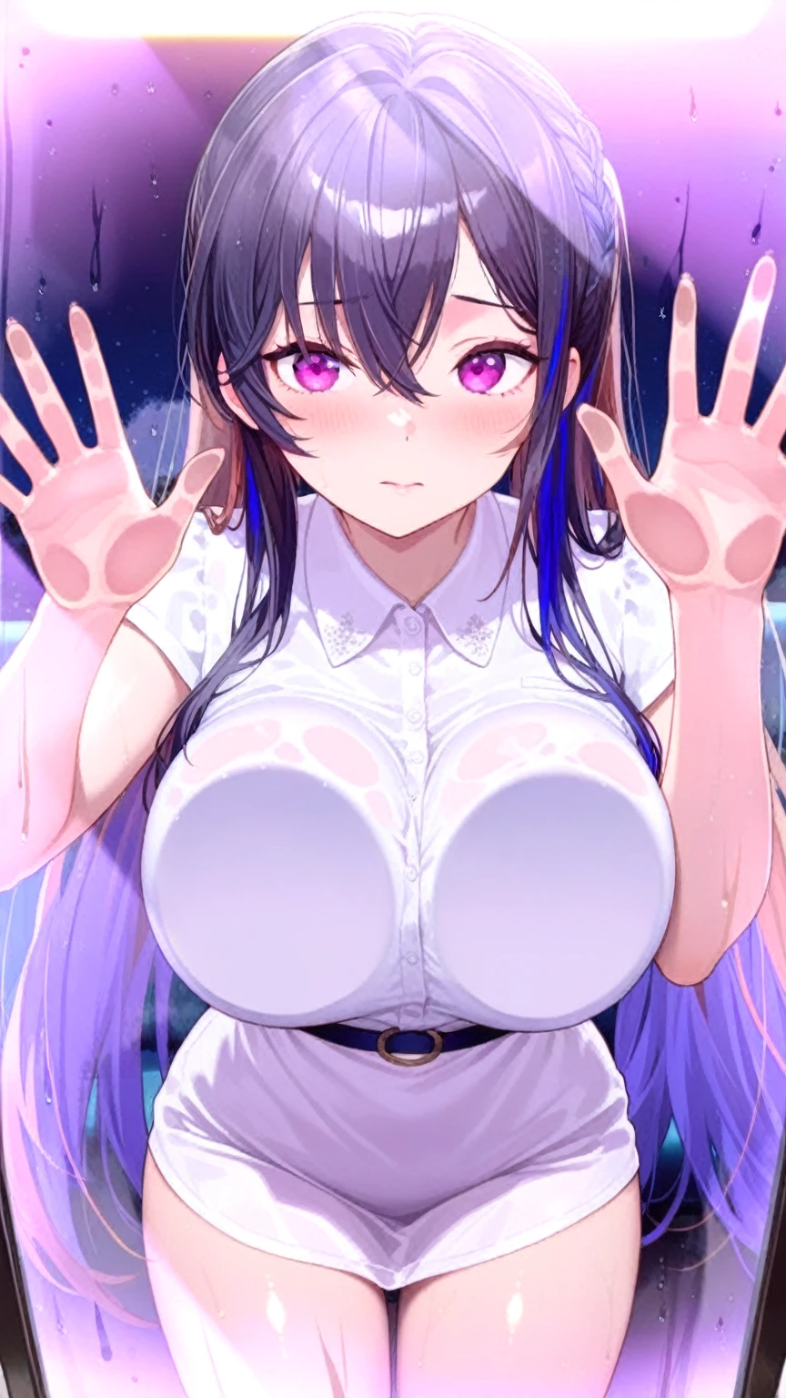  bangs, sidelocks, black hair, long hair, black hairband, perfect shiny hair, blue eyes, ultra-detailed eyes, iridescent shiny eyes,, ,nsfw , large breasts, nipple, Walking, crying, ShoppingMall,  frozen, wet,  Naked, Blind ,Temptation, Blank look, empty eyes, (1girl, solo:1.5), solo , Peeing, lactation, projectile lactation