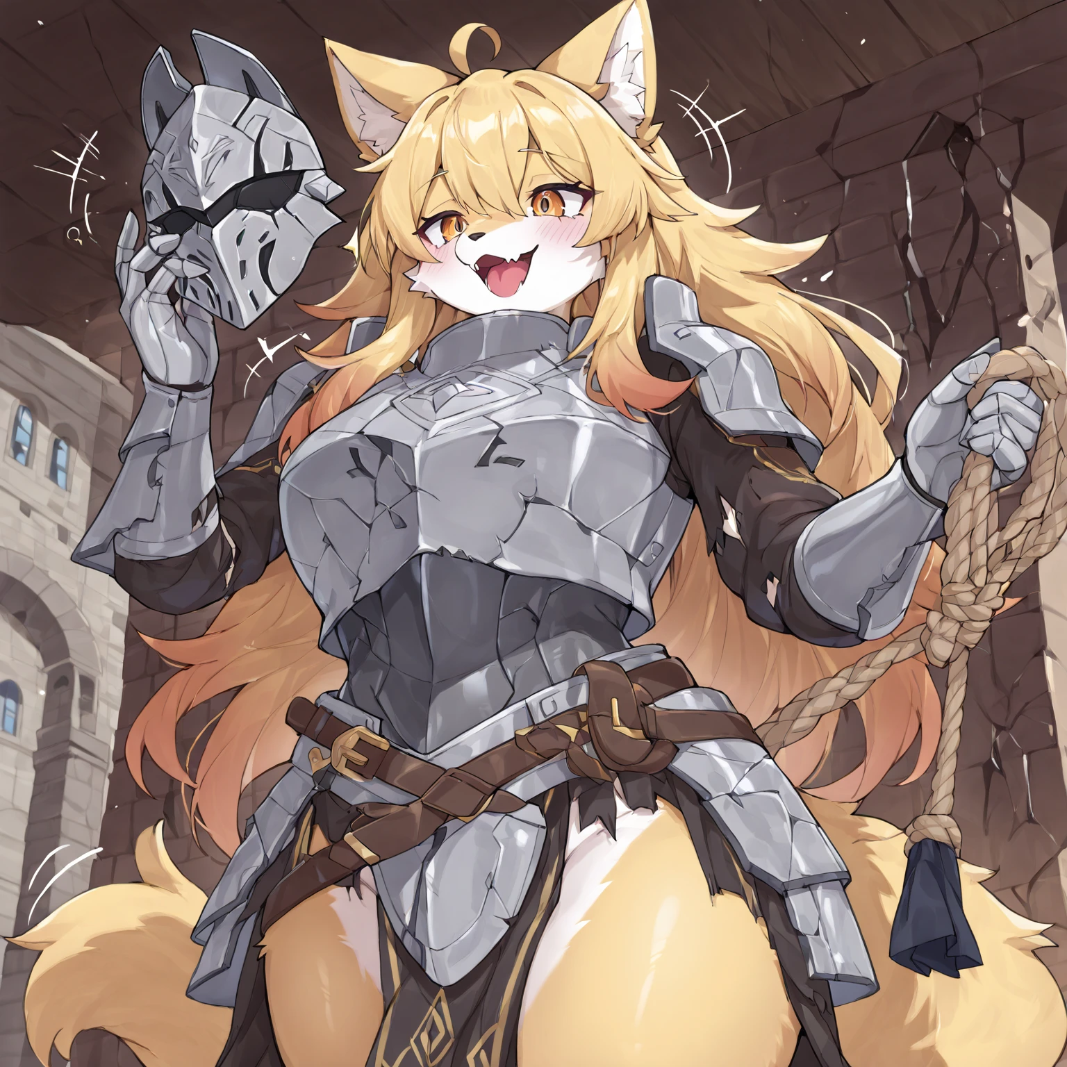1girl, solo, masterpiece, dungeon, dog girl, dog tail, armor, shoulder armor, cape, blonde, blue eyes,, (body fur:1.3), (fluffy:1.3), (furry:1.3)