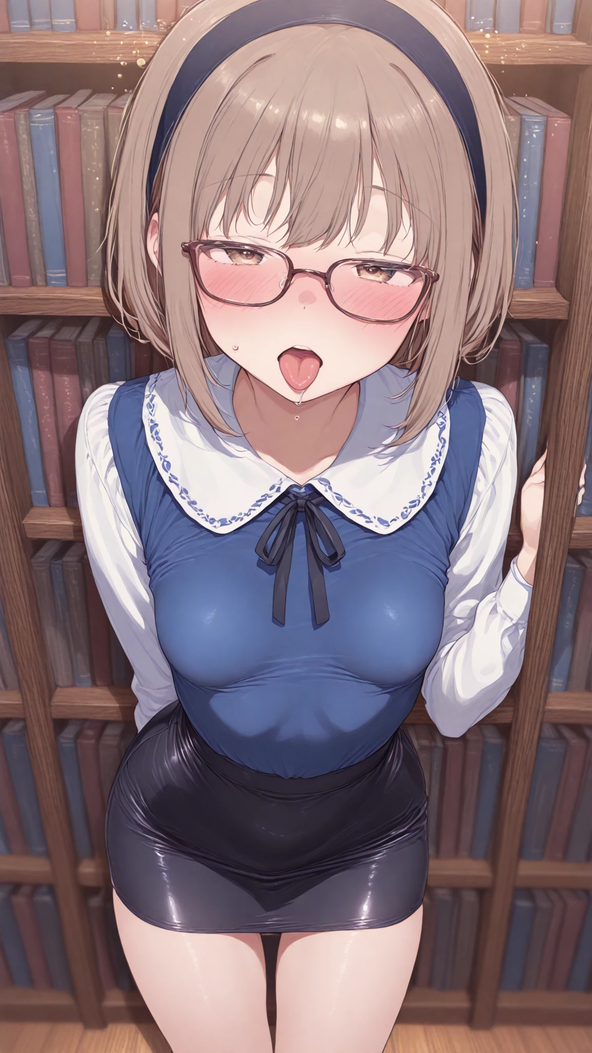wearing knit sweater & miniskirt, (Flirtingly lifting her skirt to show her panties:1.3),anime,An illustration,Light Blue Check Dress,Red glasses,blonde,Light blue mesh hair,beautiful girl,Sora Sakurano,One person,,Big Breasts,underwear,saliva,nose blush