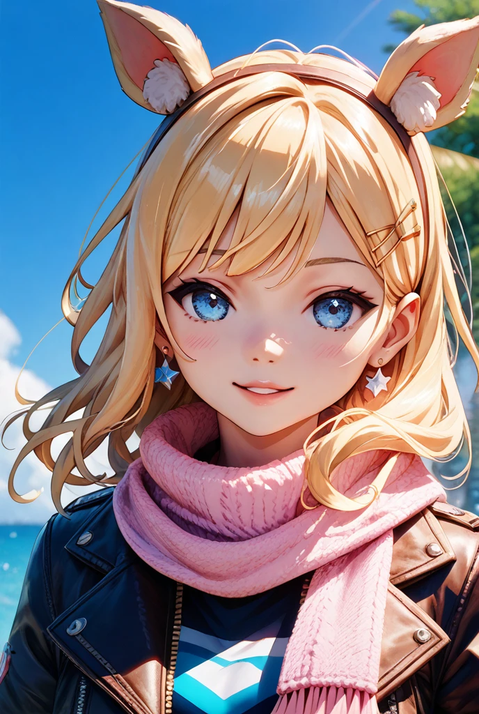illustration, best quality, ultra detailed, detailed illustration, 1girl, sexy, short blonde hair, sunglasses, head scarf, medium breasts, black bikini top, short shorts, maroon leather jacket, standing straight, flirty smile, face focus